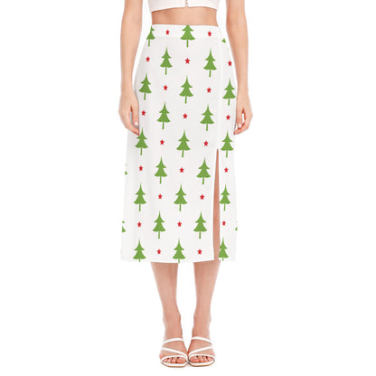 Christmas Tree And Star Pattern Print Side Slit Midi Skirt