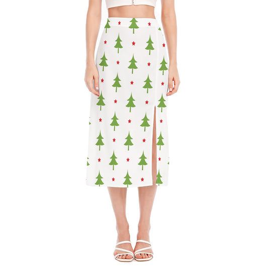 Christmas Tree And Star Pattern Print Side Slit Midi Skirt
