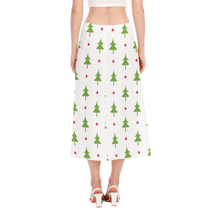 Christmas Tree And Star Pattern Print Side Slit Midi Skirt