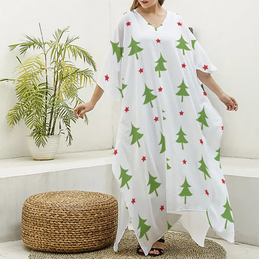 Christmas Tree And Star Pattern Print Silk V-Neck Kaftan Dress