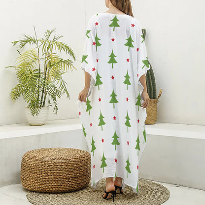 Christmas Tree And Star Pattern Print Silk V-Neck Kaftan Dress