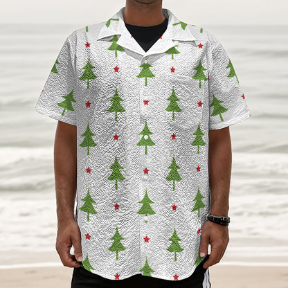 Christmas Tree And Star Pattern Print Textured Short Sleeve Shirt