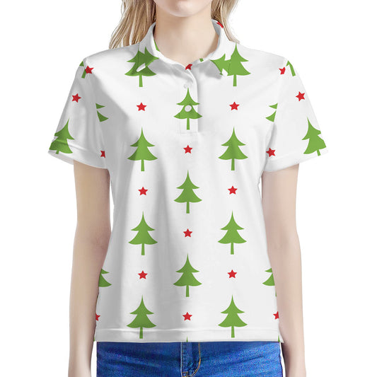 Christmas Tree And Star Pattern Print Women's Polo Shirt