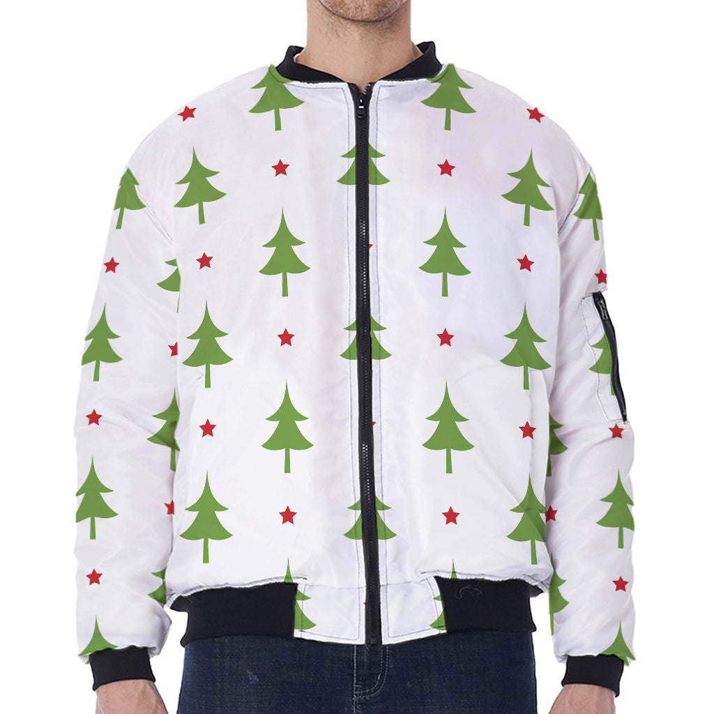Christmas Tree And Star Pattern Print Zip Sleeve Bomber Jacket