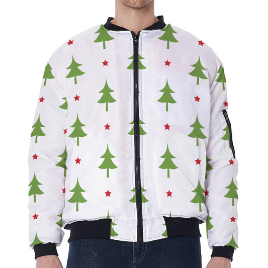 Christmas Tree And Star Pattern Print Zip Sleeve Bomber Jacket