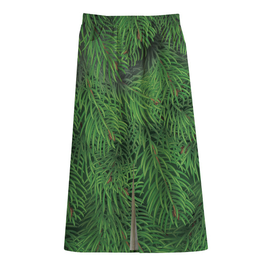 Christmas Tree Branches Print Cotton Front Slit Maxi Skirt