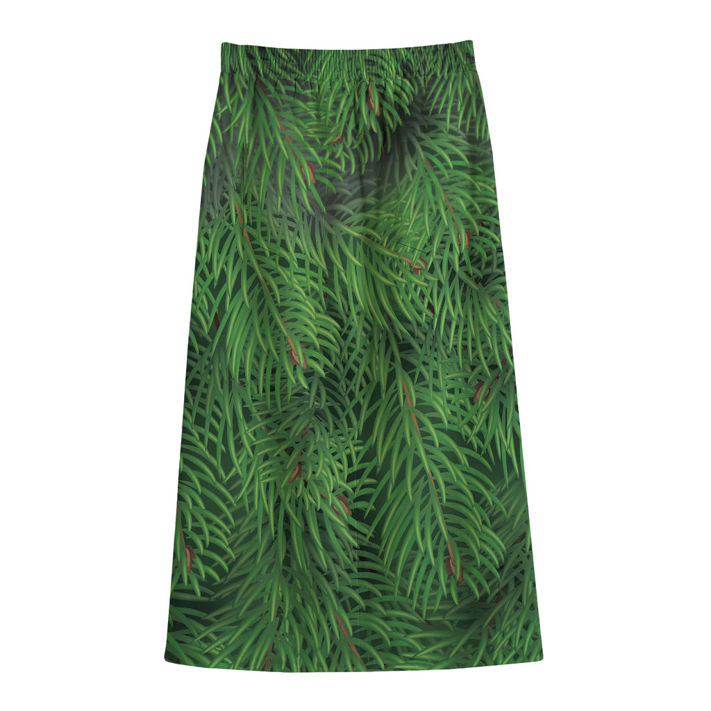 Christmas Tree Branches Print Cotton Front Slit Maxi Skirt