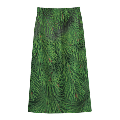 Christmas Tree Branches Print Cotton Front Slit Maxi Skirt