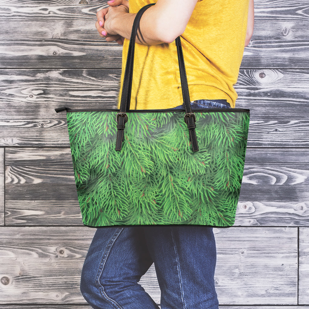 Christmas Tree Branches Print Leather Tote Bag