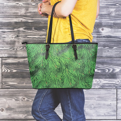 Christmas Tree Branches Print Leather Tote Bag