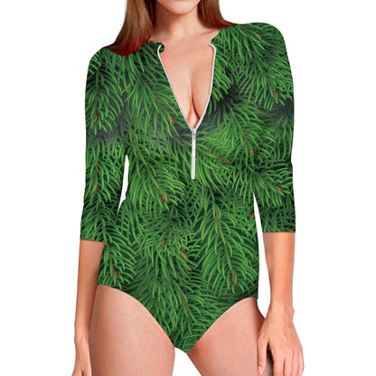 Christmas Tree Branches Print Long Sleeve Swimsuit
