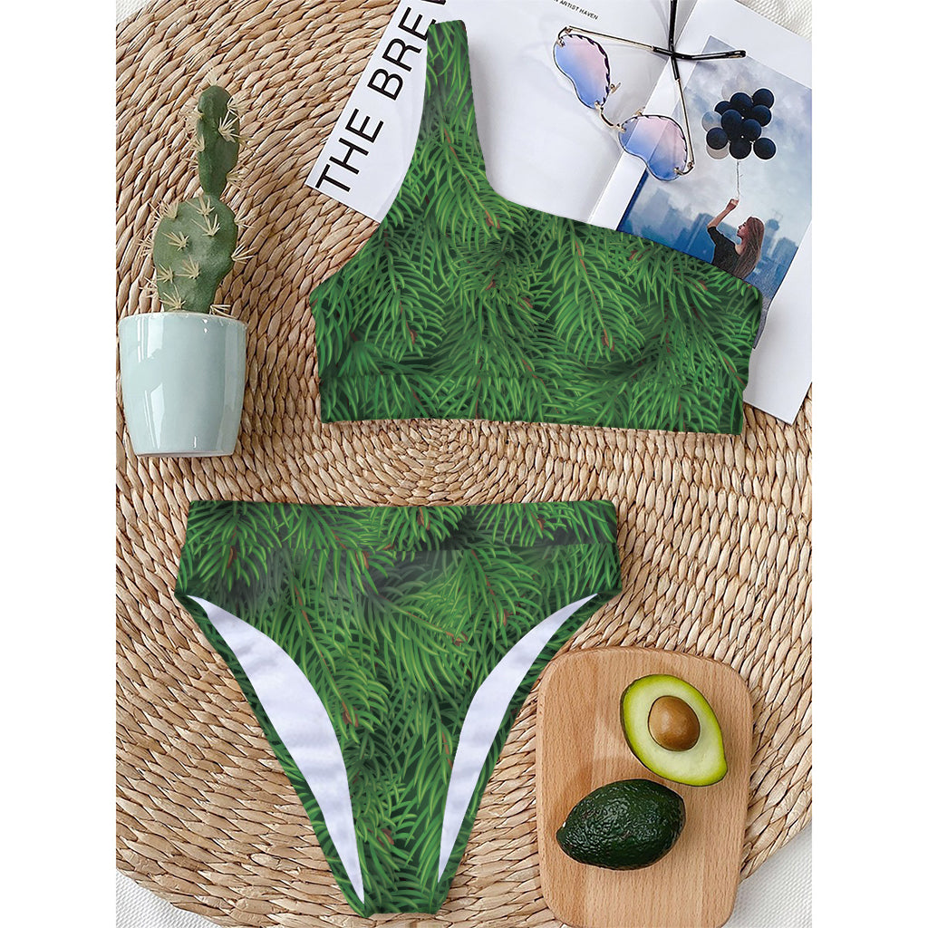 Christmas Tree Branches Print One Shoulder Bikini Top