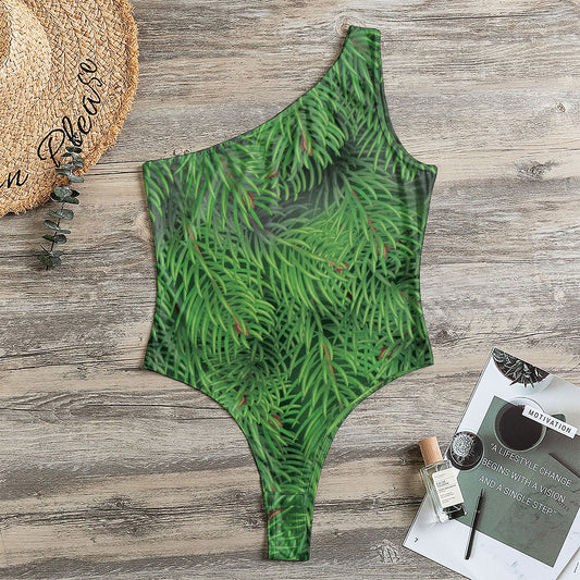 Christmas Tree Branches Print One Shoulder Bodysuit
