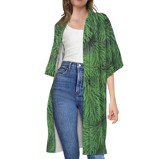 Christmas Tree Branches Print Open Front Beach Cover Up