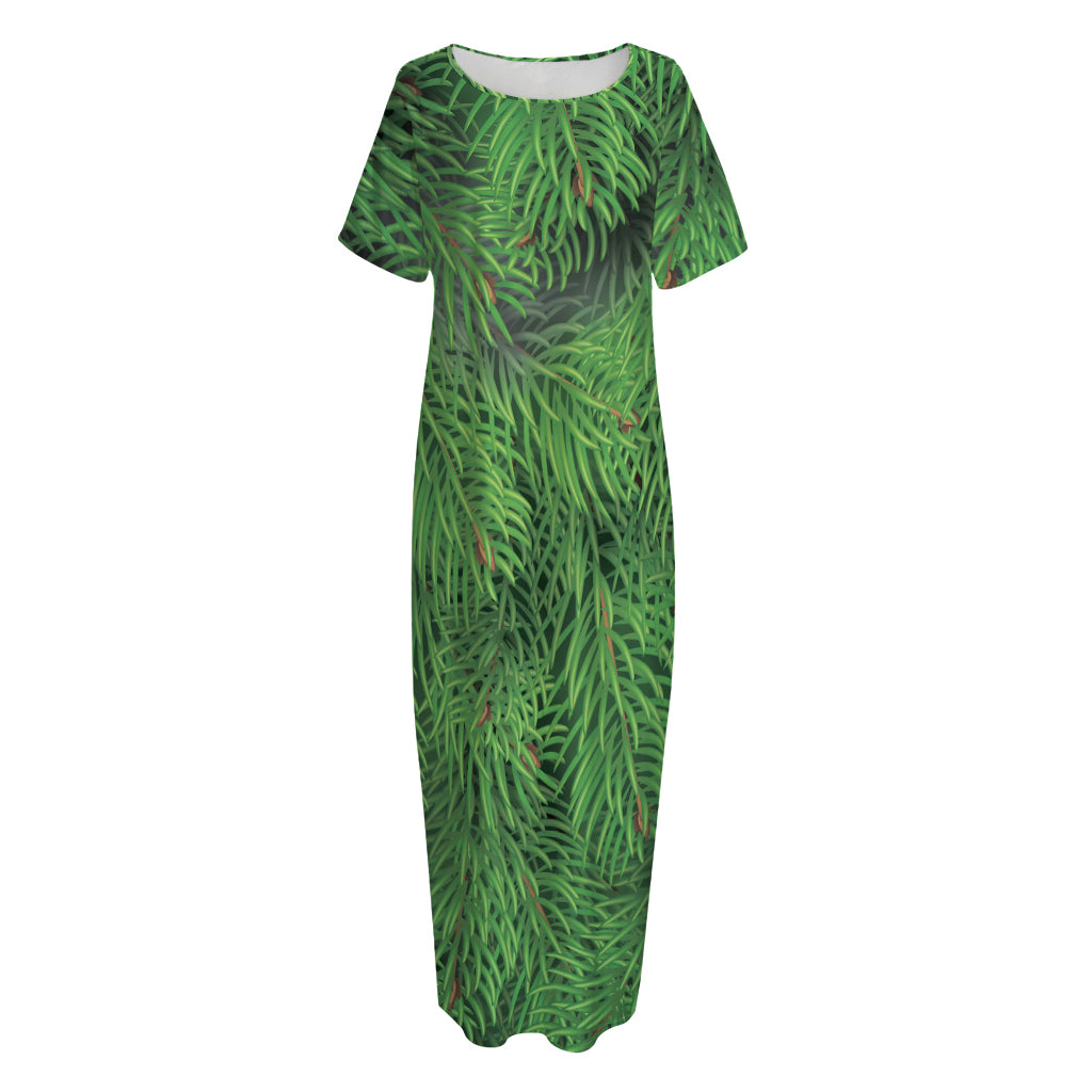 Christmas Tree Branches Print Short Sleeve Long Nightdress