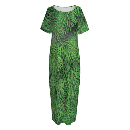 Christmas Tree Branches Print Short Sleeve Long Nightdress