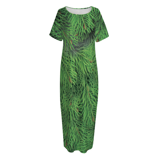 Christmas Tree Branches Print Short Sleeve Long Nightdress