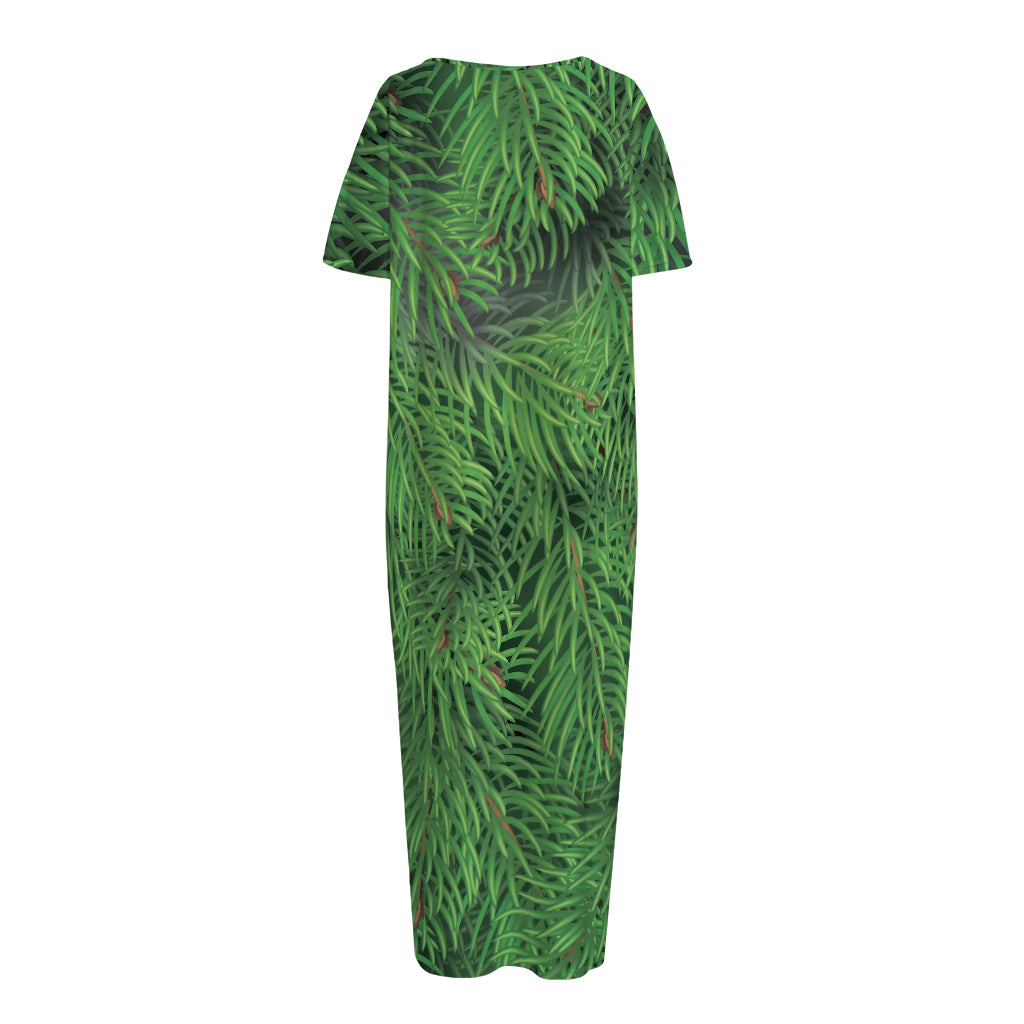 Christmas Tree Branches Print Short Sleeve Long Nightdress
