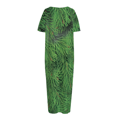 Christmas Tree Branches Print Short Sleeve Long Nightdress