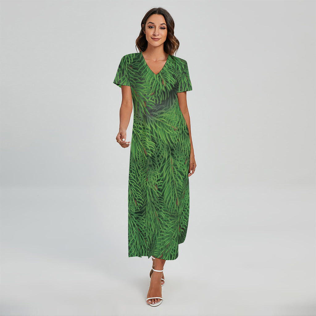 Christmas Tree Branches Print Short Sleeve Maxi Dress