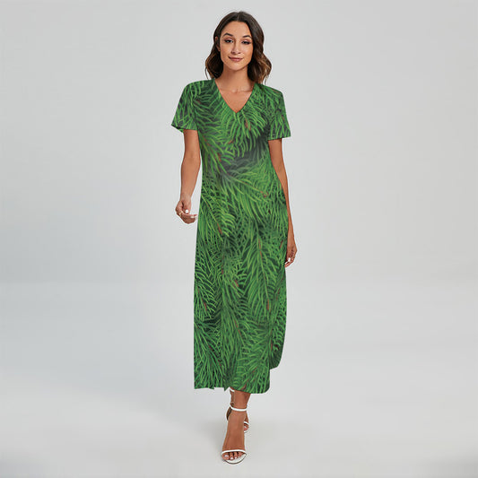 Christmas Tree Branches Print Short Sleeve Maxi Dress