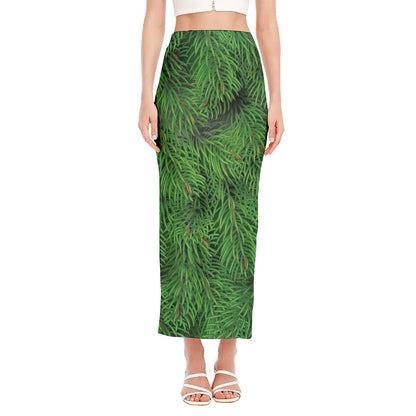 Christmas Tree Branches Print Side Slit Maxi Skirt