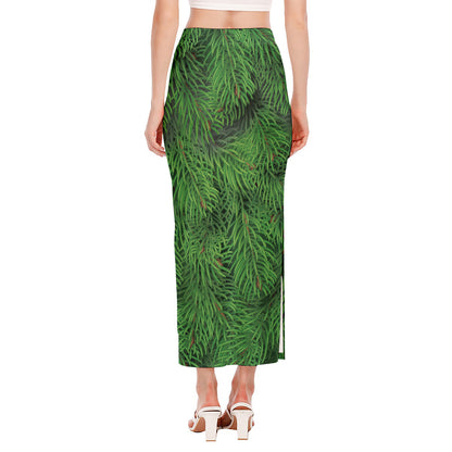 Christmas Tree Branches Print Side Slit Maxi Skirt