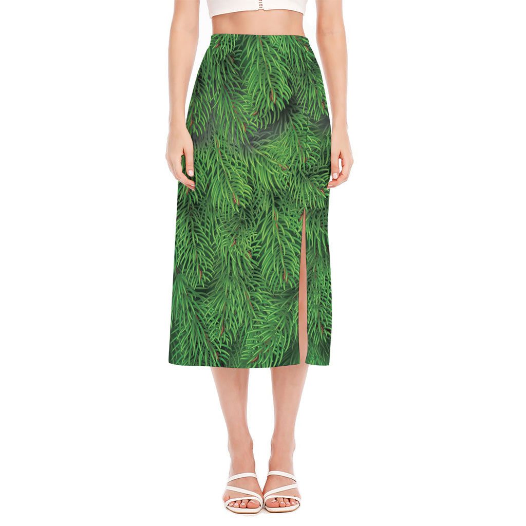 Christmas Tree Branches Print Side Slit Midi Skirt