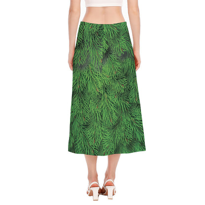 Christmas Tree Branches Print Side Slit Midi Skirt