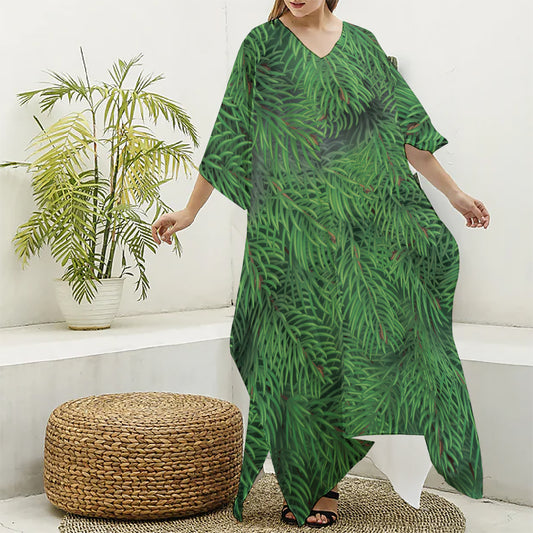 Christmas Tree Branches Print Silk V-Neck Kaftan Dress
