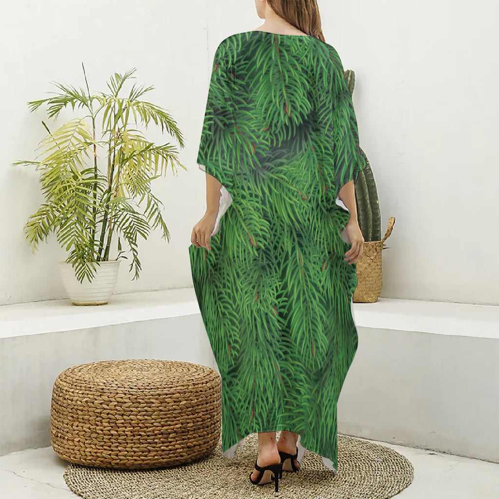 Christmas Tree Branches Print Silk V-Neck Kaftan Dress