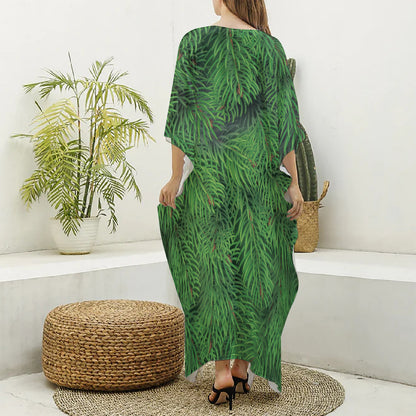 Christmas Tree Branches Print Silk V-Neck Kaftan Dress