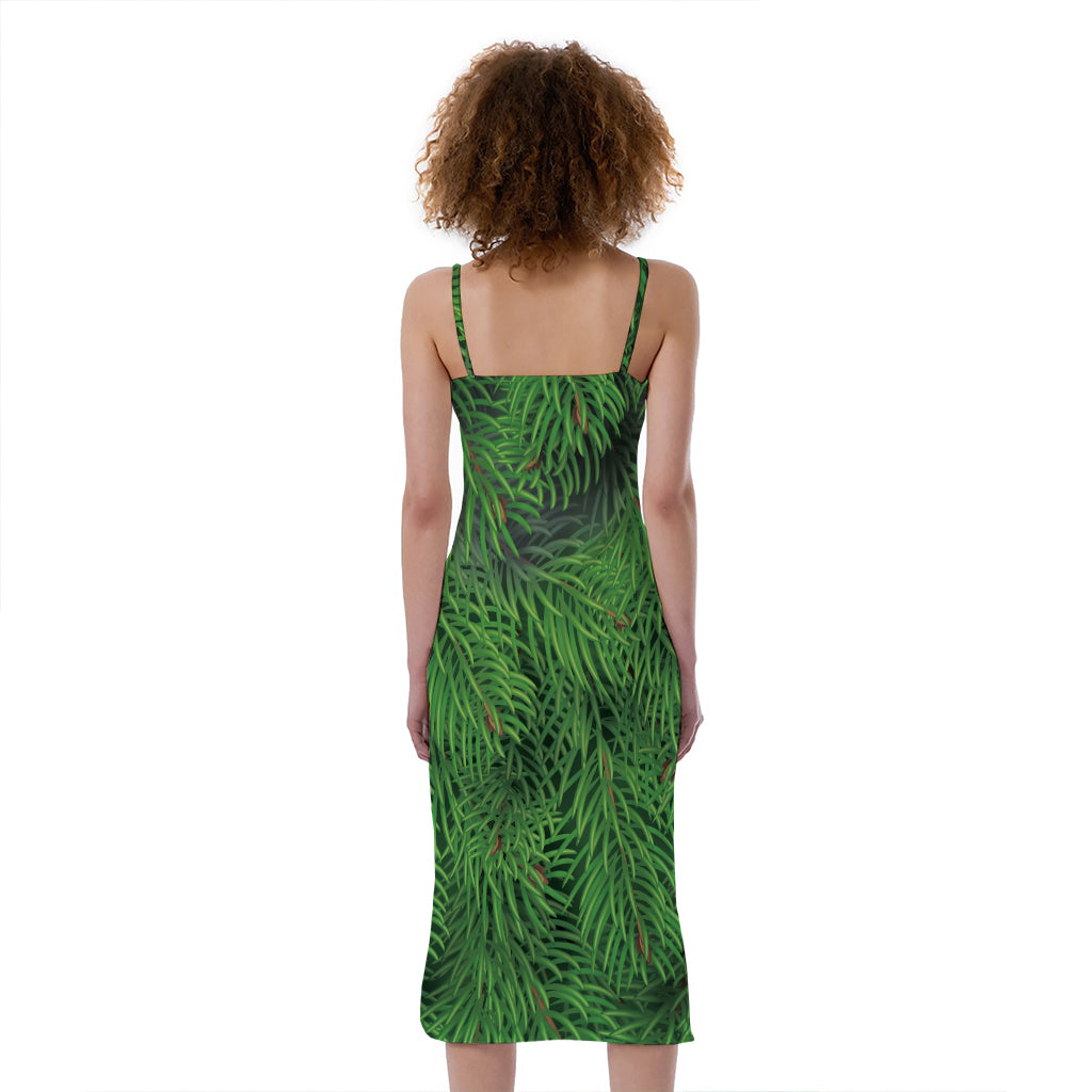 Christmas Tree Branches Print Slim Fit Midi Cami Dress