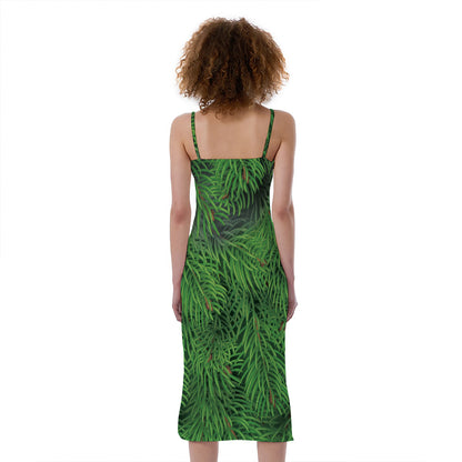 Christmas Tree Branches Print Slim Fit Midi Cami Dress
