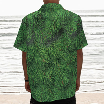 Christmas Tree Branches Print Textured Short Sleeve Shirt
