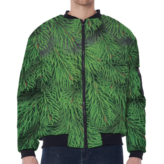 Christmas Tree Branches Print Zip Sleeve Bomber Jacket