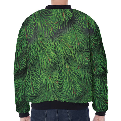 Christmas Tree Branches Print Zip Sleeve Bomber Jacket