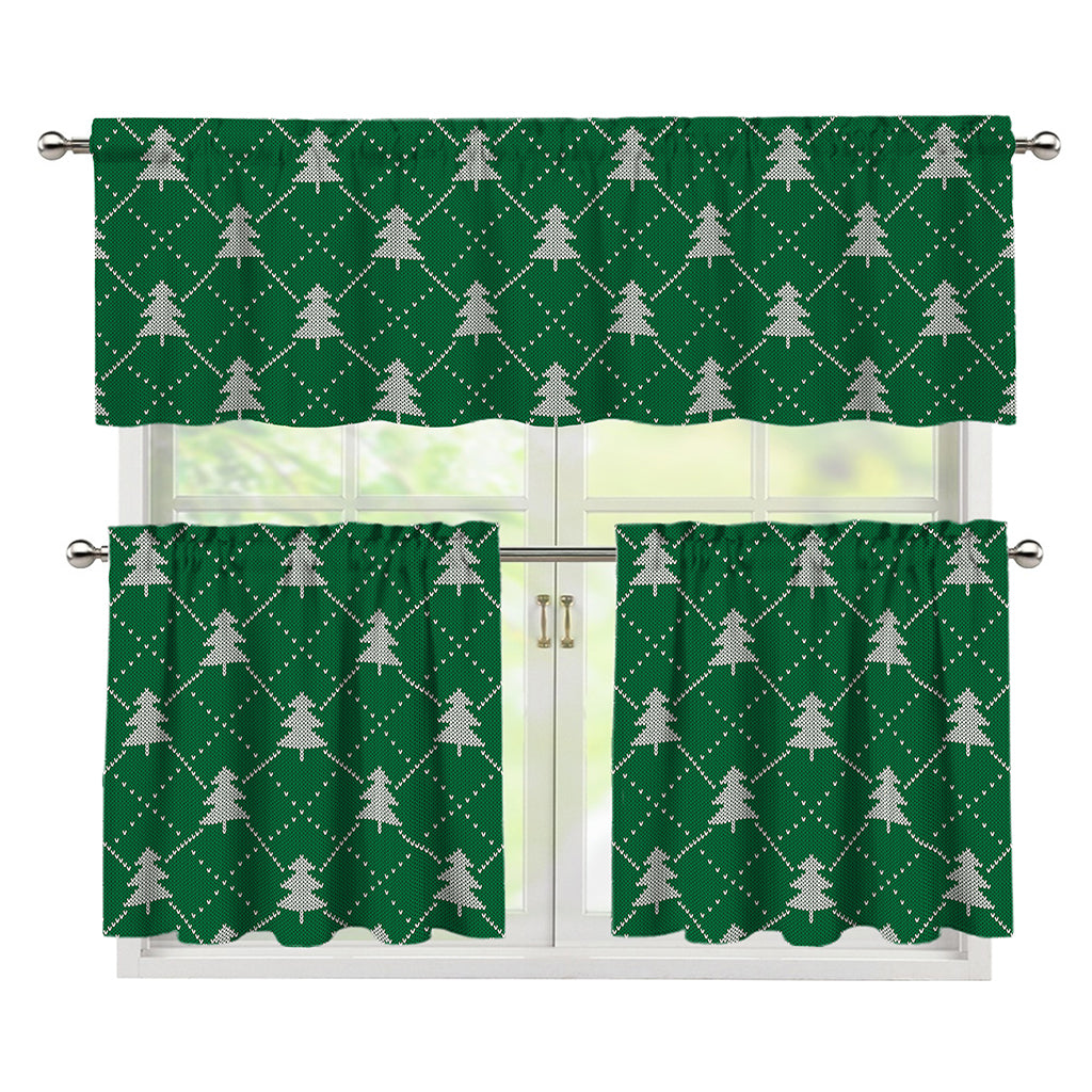 Christmas Tree Knitted Pattern Print 3 Piece Kitchen Curtains