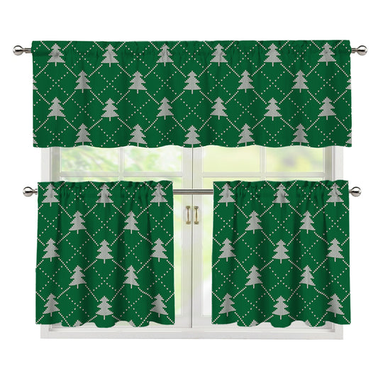 Christmas Tree Knitted Pattern Print 3 Piece Kitchen Curtains