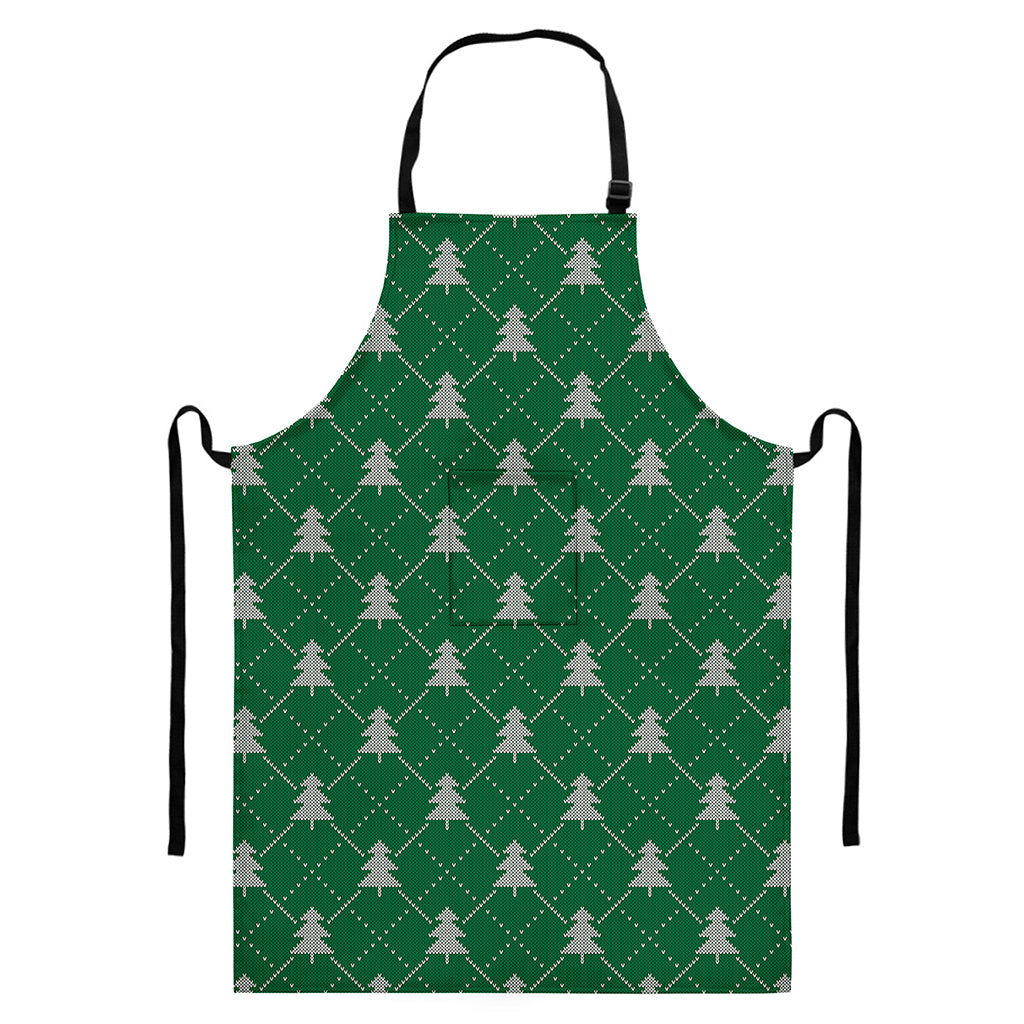 Christmas Tree Knitted Pattern Print Bib Apron With Pocket