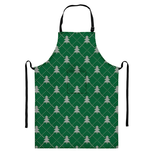 Christmas Tree Knitted Pattern Print Bib Apron With Pocket