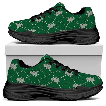 Christmas Tree Knitted Pattern Print Black Chunky Shoes