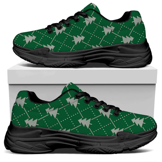 Christmas Tree Knitted Pattern Print Black Chunky Shoes