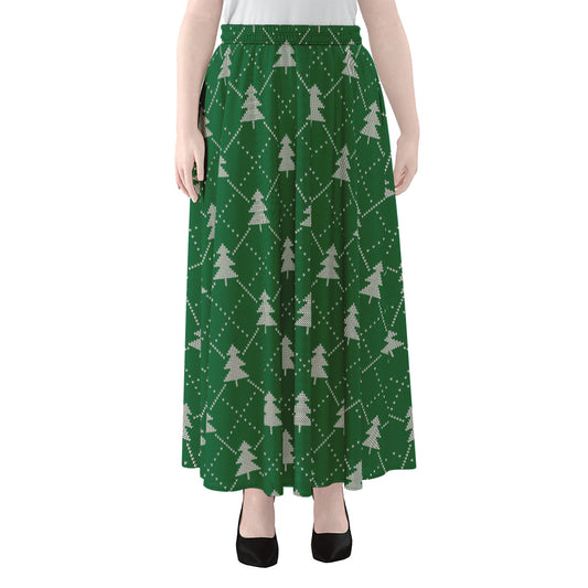 Christmas Tree Knitted Pattern Print Chiffon Maxi Skirt