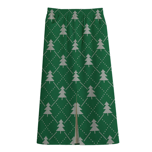 Christmas Tree Knitted Pattern Print Cotton Front Slit Maxi Skirt