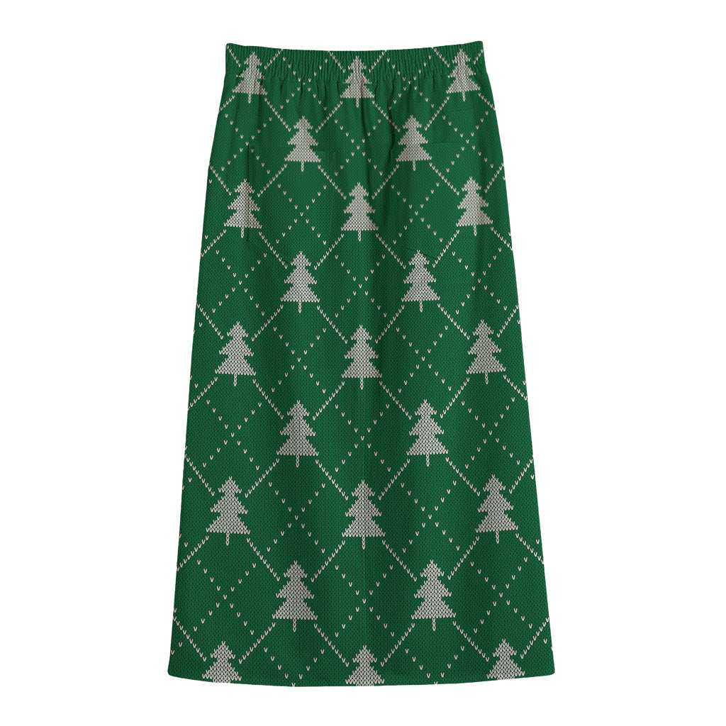 Christmas Tree Knitted Pattern Print Cotton Front Slit Maxi Skirt