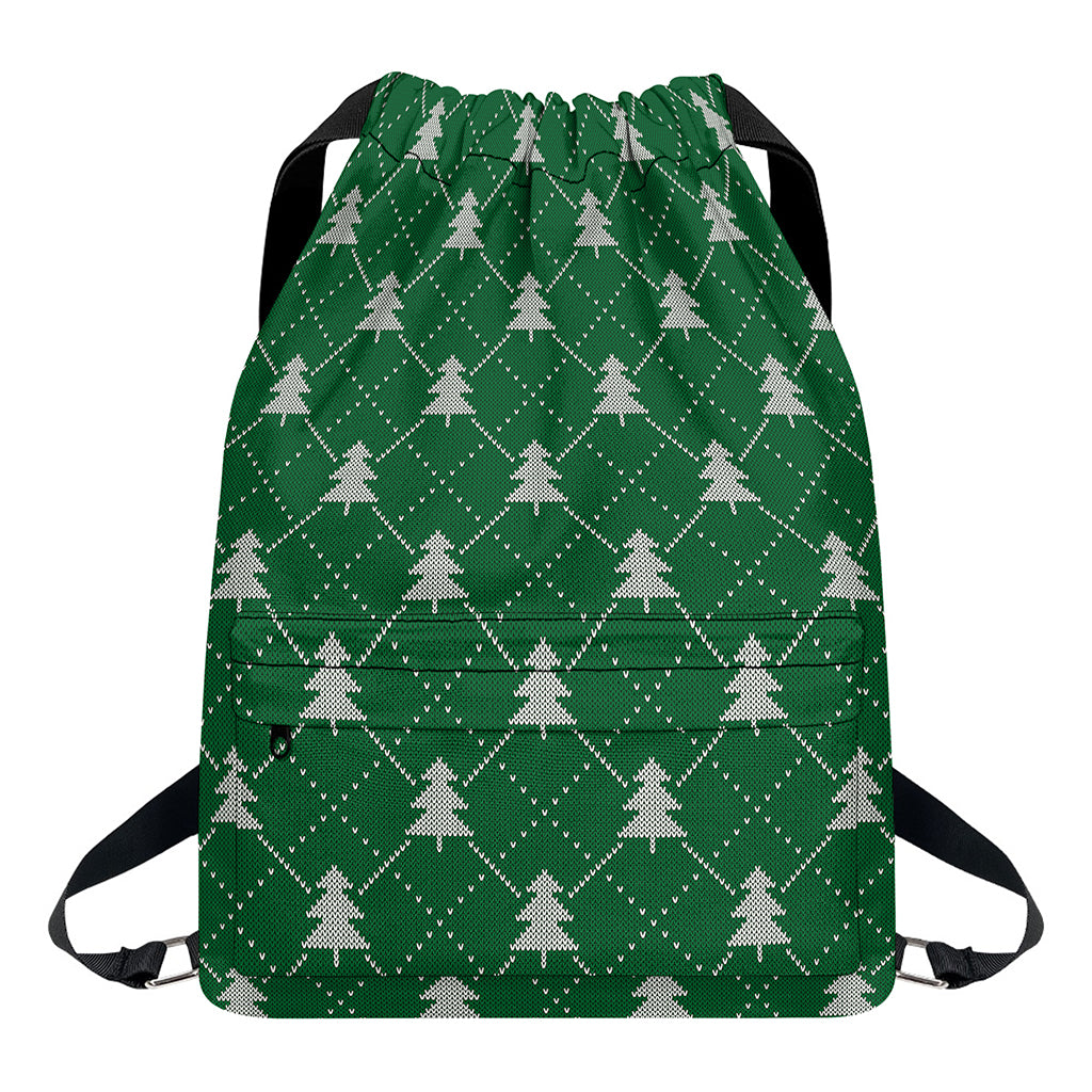 Christmas Tree Knitted Pattern Print Drawstring Backpack