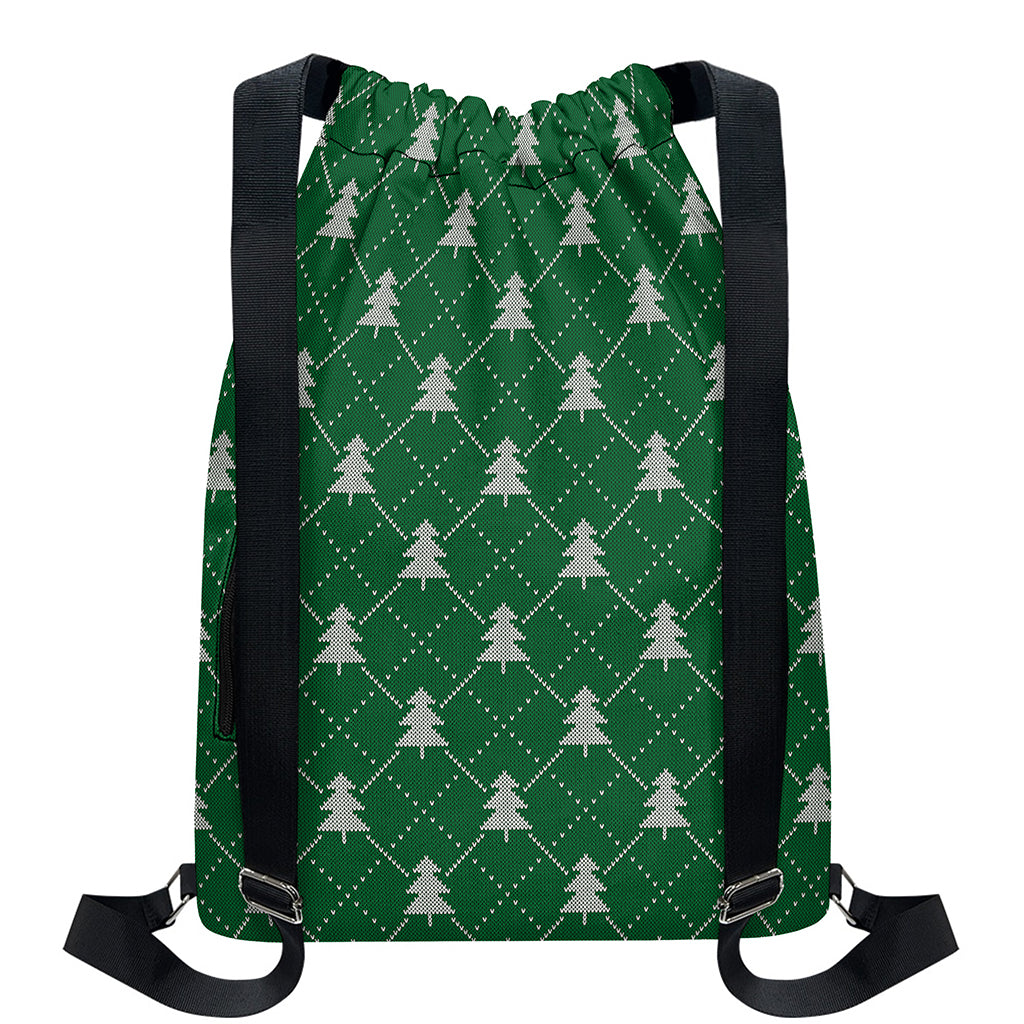 Christmas Tree Knitted Pattern Print Drawstring Backpack
