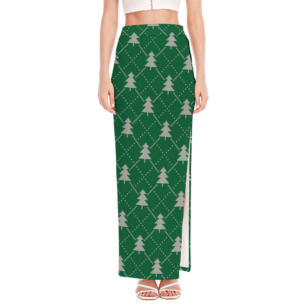 Christmas Tree Knitted Pattern Print High Slit Maxi Skirt