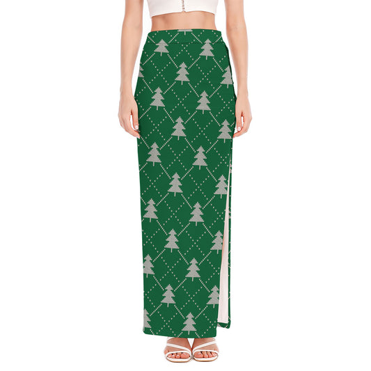 Christmas Tree Knitted Pattern Print High Slit Maxi Skirt